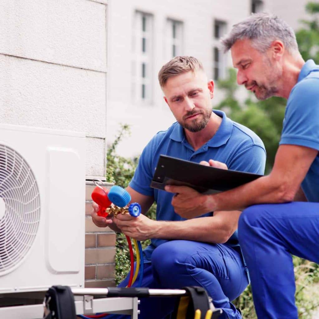 Solution to AC mistake #5: Richard's AC & Appliance Repair technicians performing preventative maintenance on an outdoor AC unit using gauges.